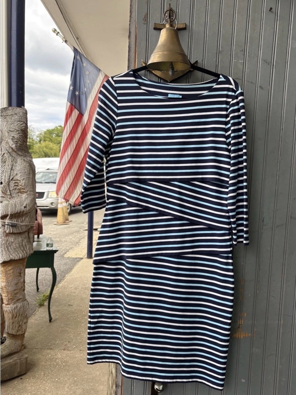 J. McLaughlin NWOT Nicola Striped Tiered Dress Boat Neck 3/4 Sleeve, Size L